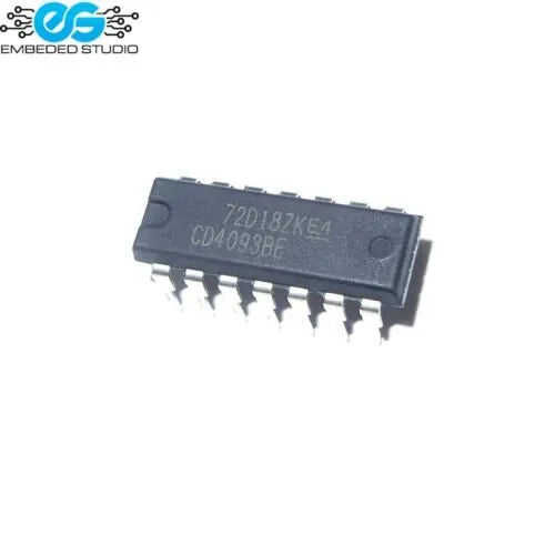 CD4093BE quad 2-input NAND Schmitt trigger CMOS IC — DIP-14, 3V–18V, hysteresis logic