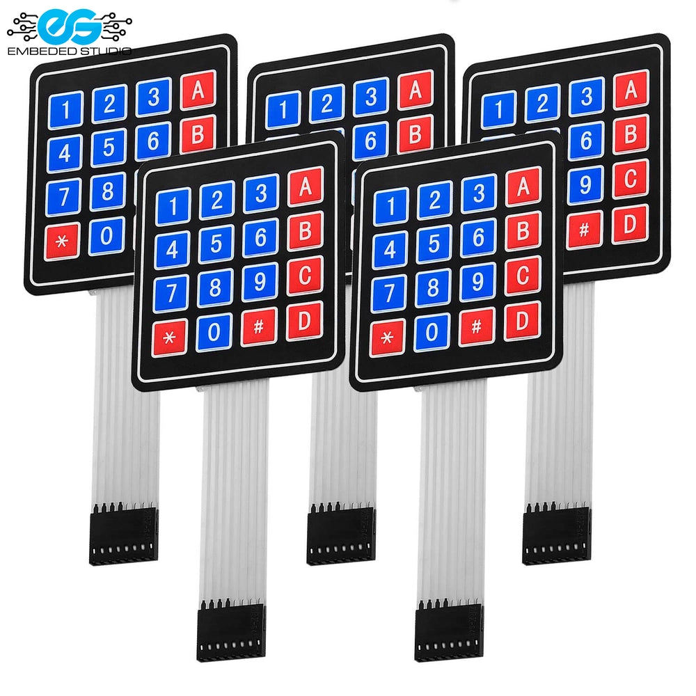 4x4 matrix membrane keypad with 16 buttons and flexible ribbon cable.