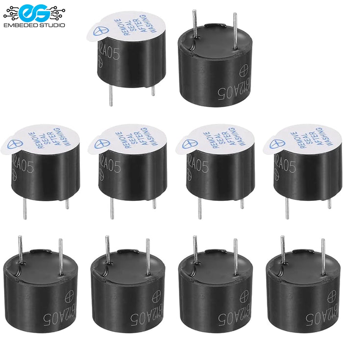 Set of ten 5V active electromagnetic buzzers labeled B12A05 with protection sticker seals alongside Embedded Studio logo on white background