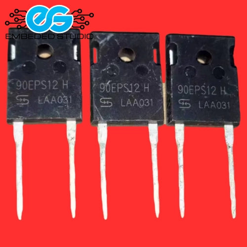 90EPS12H power semiconductor components placed side-by-side against a bright red background, displaying their part numbers and pins, with the Embeded Studio logo in the top-left corner.