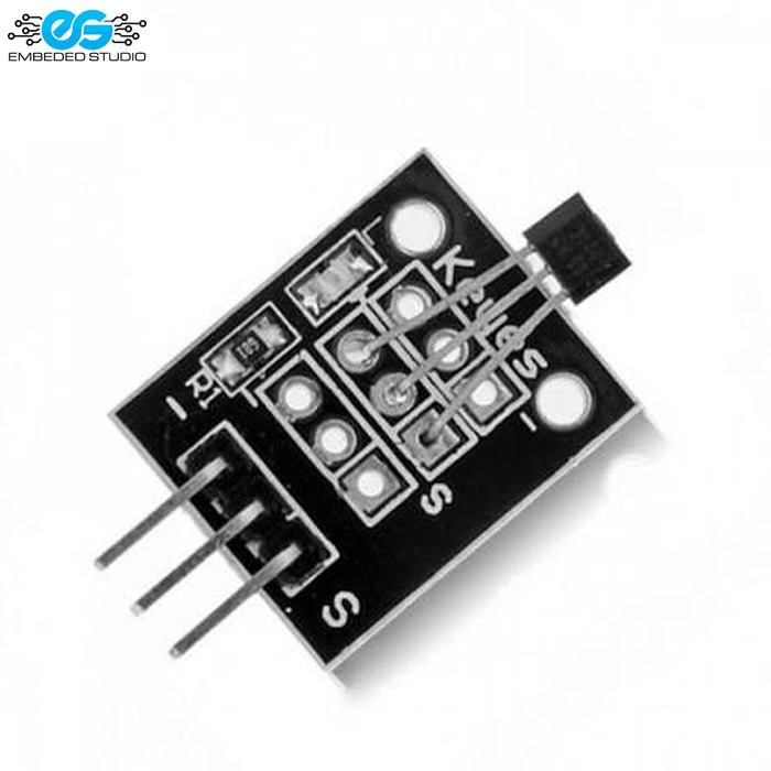 A3144 Hall effect magnetic sensor module board with 3-pin header alongside Embedded Studio logo on white background