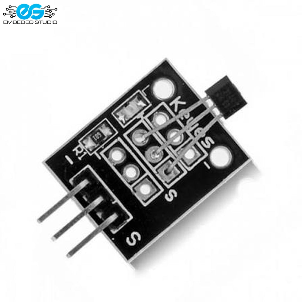 A3144 Hall effect magnetic sensor module board with 3-pin header alongside Embedded Studio logo on white background