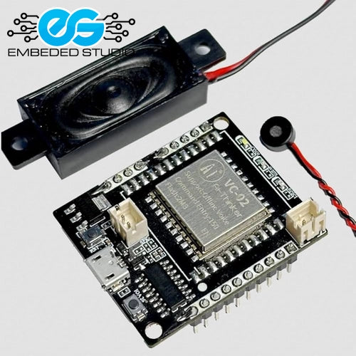 AI-Thinker VC-02 Kit Offline Voice Recognition Development Board connected to a rectangular speaker and an external microphone, featuring an onboard VC-02 module and USB-C port, shown with Embedded Studio branding.