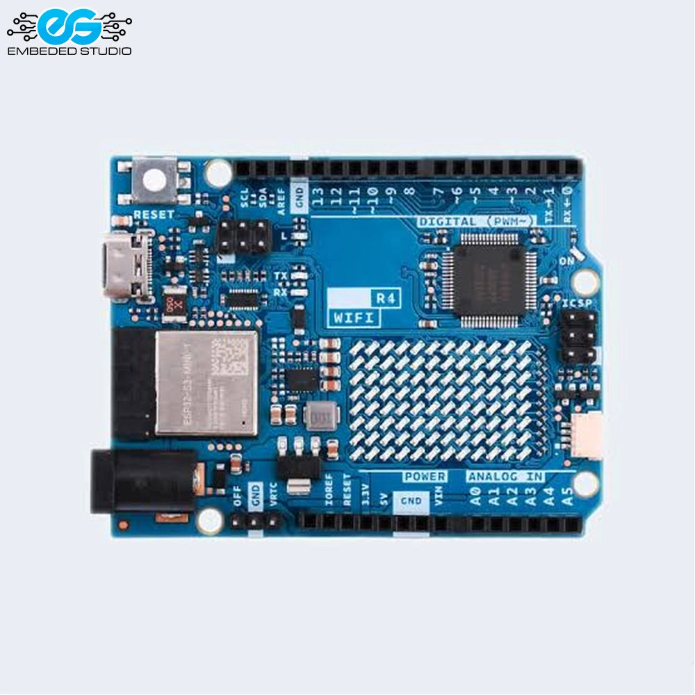 Arduino Uno R4 WiFi development board featuring an ESP32-S3 module, LED matrix, and onboard headers