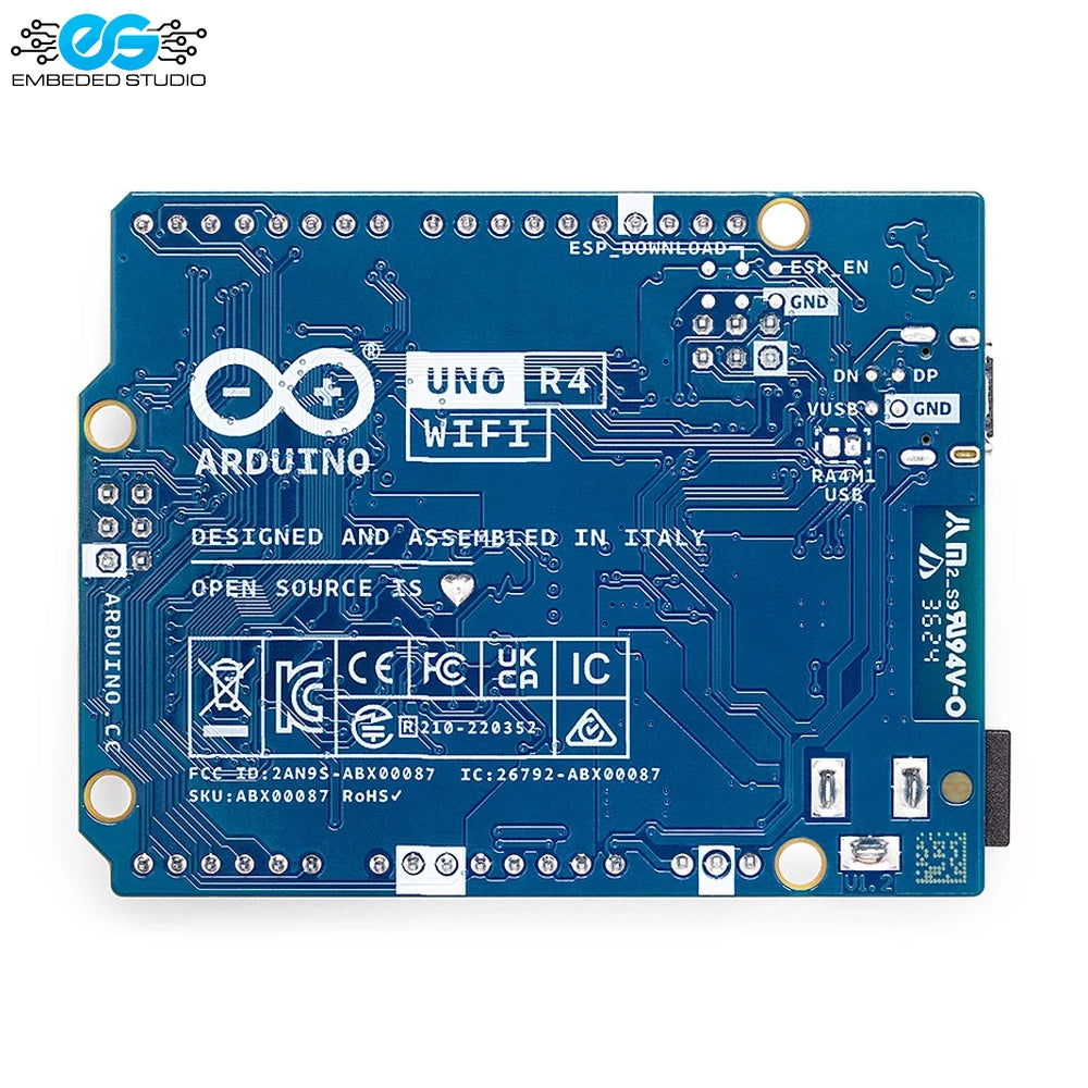 Bottom view of Arduino Uno R4 WiFi development board showing circuit traces, components, and compliance labels