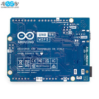 Bottom view of Arduino Uno R4 WiFi development board showing circuit traces, components, and compliance labels