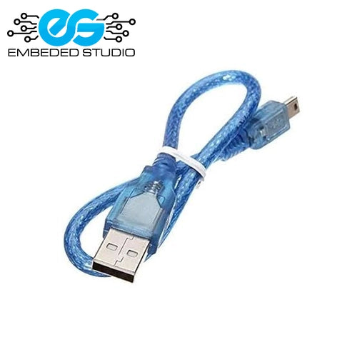 A blue, translucent 30cm Arduino Nano USB cable coiled neatly against a white background, featuring the Embeded Studio logo in the top left corner.