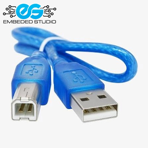 A blue, translucent 30cm Arduino Uno USB Type-A to Type-B cable coiled against a white background, featuring the Embeded Studio logo in the top left corner.