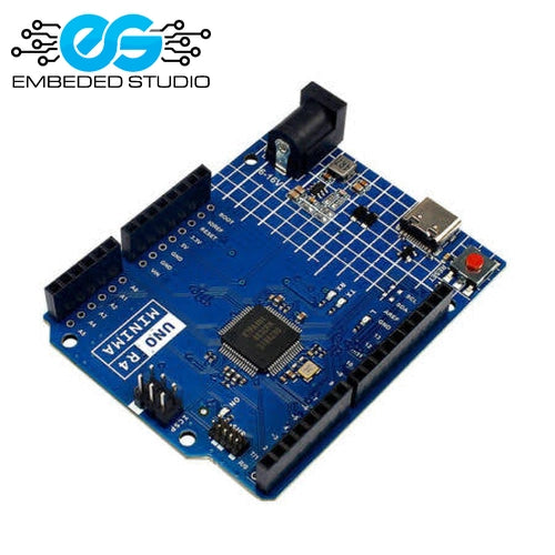 Arduino Uno R4 Minima development board shown at an angle on a white background, featuring the Embeded Studio logo in the top left corner.