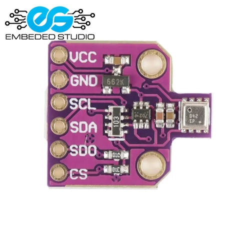 BME680 environmental sensor breakout module with labeled pins VCC, GND, SCL, SDA, SDO, and CS, featuring the Embedded Studio logo.