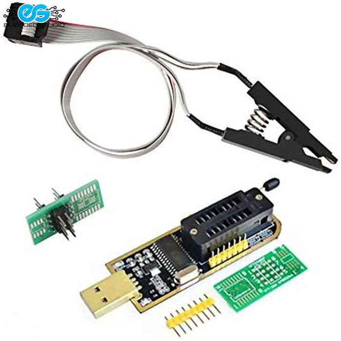 CH341A USB programmer module with ZIF socket, green SOP8 SOIC8 test clip with ribbon cable, and adapter breakout boards alongside Embedded Studio logo on white background