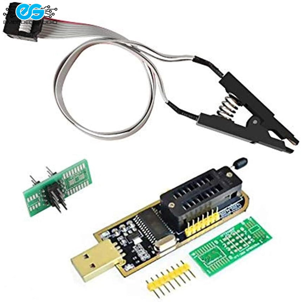 CH341A USB programmer module with ZIF socket, green SOP8 SOIC8 test clip with ribbon cable, and adapter breakout boards alongside Embedded Studio logo on white background