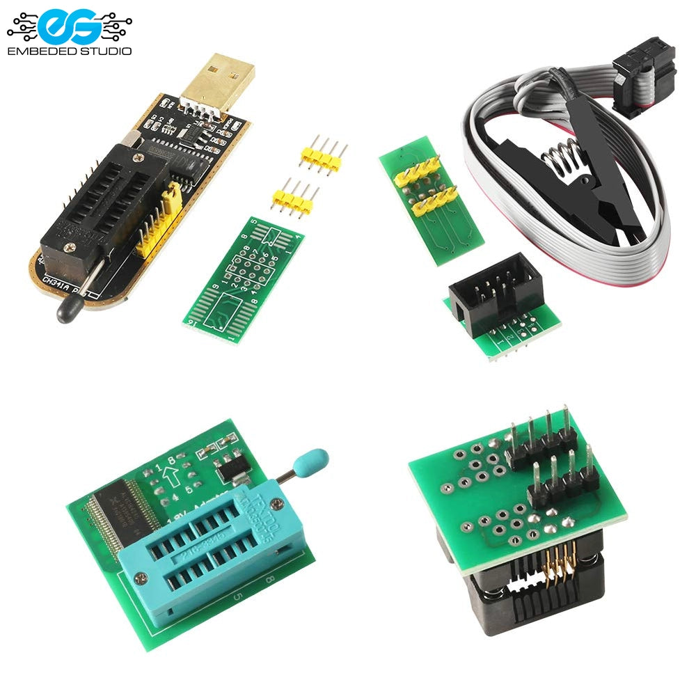 CH341A USB programmer kit featuring green SOIC8 SOP8 IC test clip with ribbon cable, 1.8V adapter module, and breakout boards alongside Embedded Studio logo on white background