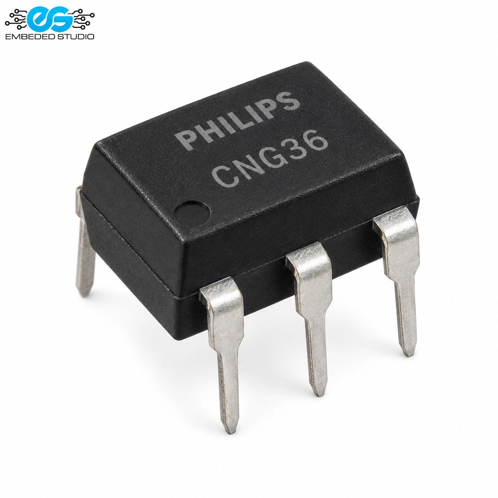 Philips CNG36 6-pin DIP optocoupler IC package alongside Embedded Studio logo on white background