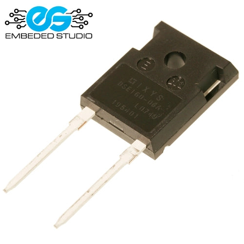 IXYS DSEI60-06A fast recovery diode in a 2-pin TO-247 package, showing the part number and branding text printed on the component body, with an Embedded Studio logo watermark in the top left corner.