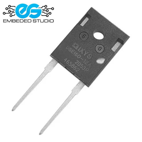 IXYS DSEI60-12A fast recovery diode in a 2-pin TO-247 package, showing the part number and branding text printed on the component body, with an Embedded Studio logo watermark in the top left corner.