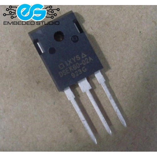 IXYS DSEK60-02A fast recovery diode in a 3-pin TO-247 package, showing the part number and branding text printed on the component body, with an Embedded Studio logo watermark in the top left corner.