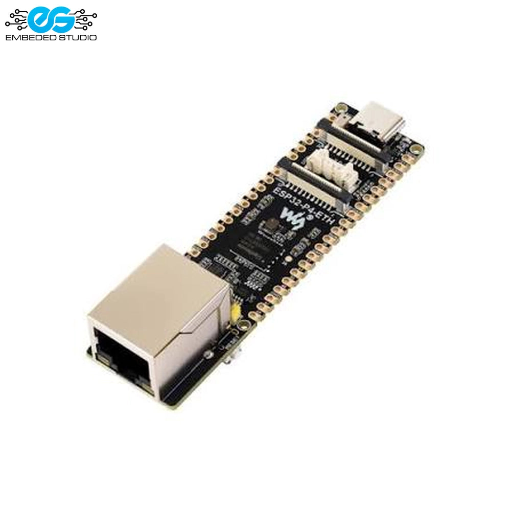 ESP32-P4-ETH development board featuring an Ethernet port, USB-C port, pin headers, and Embedded Studio logo.