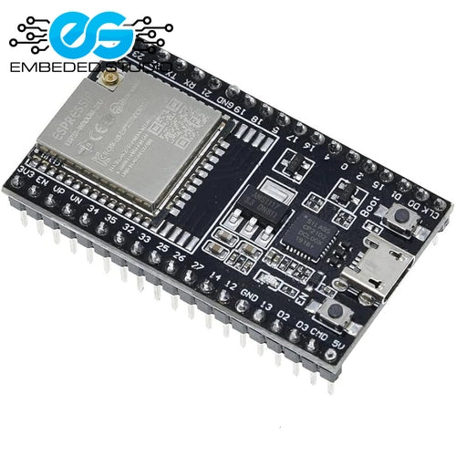 ESP32-WROOM-32U development board, featuring the Espressif ESP32-WROOM-32U Wi-Fi and Bluetooth module with a U.FL antenna connector, an AMS1117 voltage regulator, a CP2102 USB-to-UART bridge, a micro-USB port, and a Boot button, with an Embeded Studio logo watermark in the top left corner.