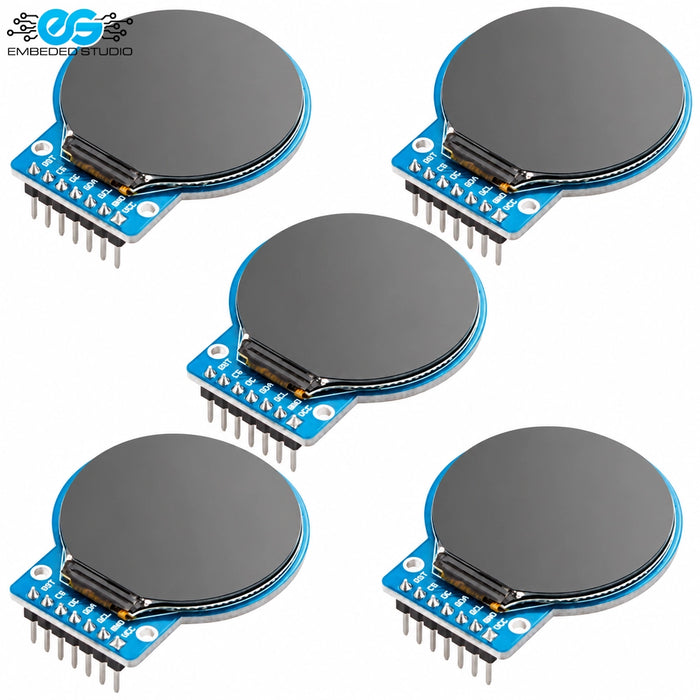 GC9A01 1.28 inch round TFT LCD display modules with blue circuit boards and header pins, shown from multiple angles.