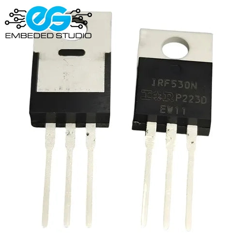 IRF530N N-channel Power MOSFET in a TO-220 package, showing front and back views alongside the Embeded Studio logo