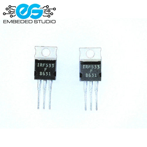IRF533 N-channel power MOSFET in a TO-220 package showing front and back views with Embeded Studio logo.