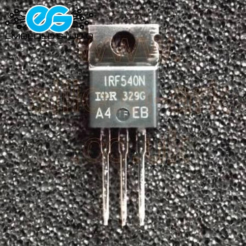 IRF540N power MOSFET transistor in a TO-220 package resting on conductive foam, featuring the Embeded Studio watermark logo.