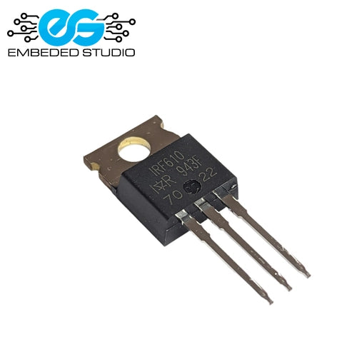 IRF610 power MOSFET transistor in a TO-220 package showing front view pins and metal tab, with Embeded Studio watermark logo.
