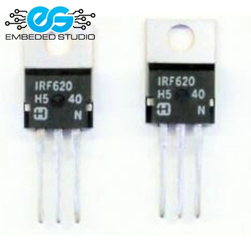 Two IRF620 MOSFET transistors in TO-220 packages, shown side by side on a white background with an Embedded Studio logo in the top-left corner.