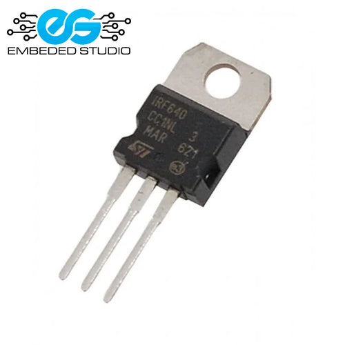 An ST IRF640 CC1Nl MAR power MOSFET transistor in a TO-220 package, featuring a black plastic body, silver metal leads, and a silver metal heat sink tab, shown on a white background with an Embedded Studio logo in the top-left corner.