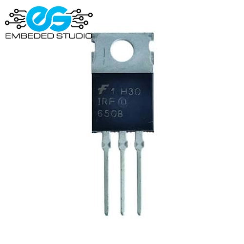 IRF650B power MOSFET transistor in a TO-220 package showing front view pins and metal tab, featuring the Embeded Studio watermark logo.