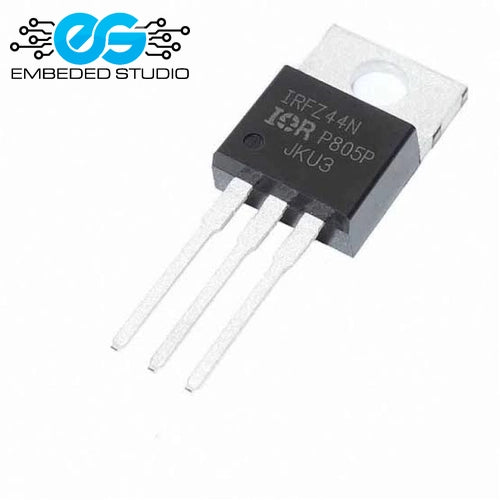IRFZ44N power MOSFET transistor in a TO-220 package with metal mounting tab and three pins, featuring the Embeded Studio watermark logo.