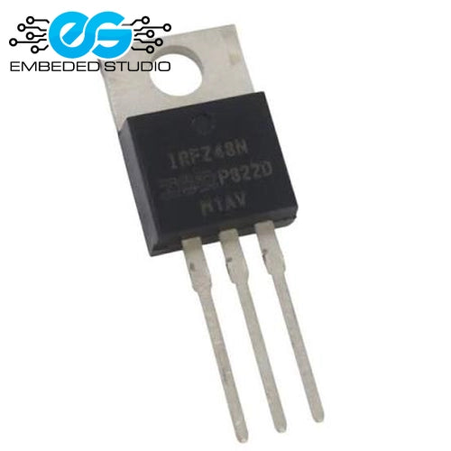 An IRFZ48N P822D MOSFET transistor with a black plastic body and three silver metal leads, shown on a white background with an 'EMBEDDED STUDIO' watermark in the top-left corner.