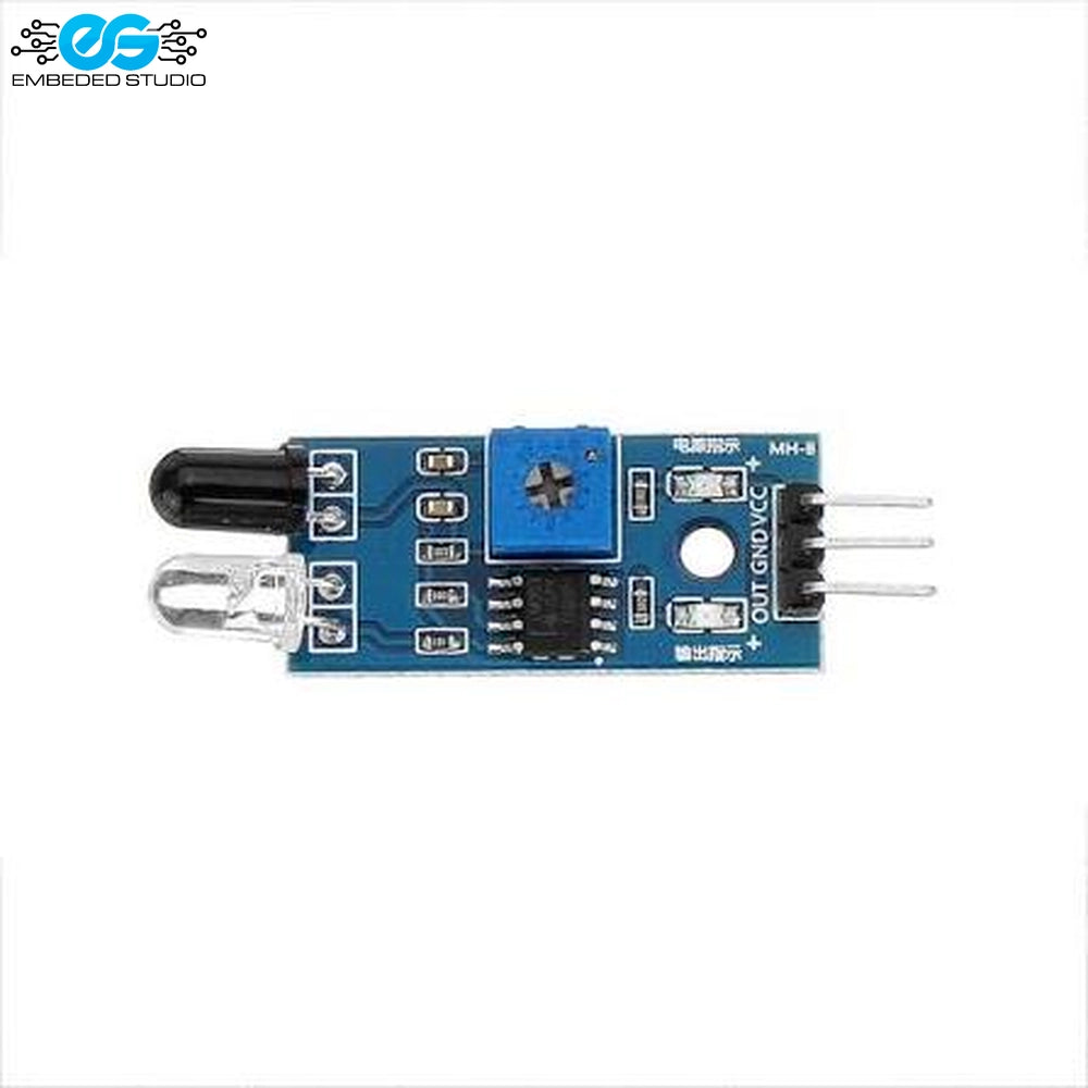 IR Infrared Obstacle Avoidance Sensor Module with IR transmitter, receiver LED, potentiometer, and 3-pin connector header