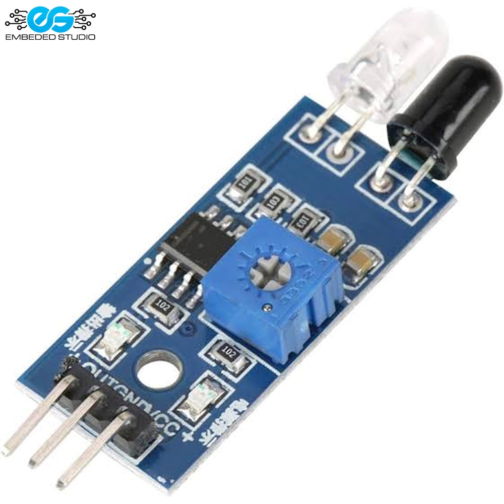 3-pin IR infrared obstacle avoidance sensor module with clear IR transmitter, black receiver LED, blue potentiometer, and Embedded Studio logo