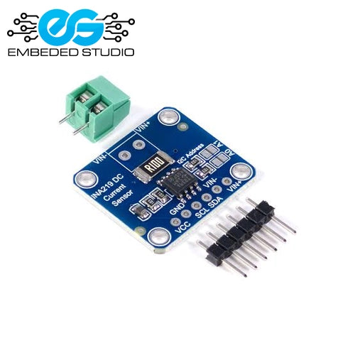 INA219 DC Current Sensor breakout board featuring a blue PCB with pin headers and a green terminal block, with the Embeded Studio logo.
