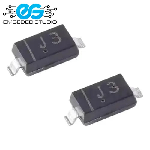 Two small black surface-mount electronic components (J3 18V MMSZ5248B SOD-123 zener diodes) with silver metal leads on either side, shown against a plain white background with the Embeded Studio logo watermark in the top-left corner.