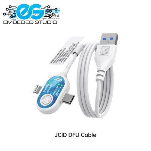 JCID DFU Cable for iPhone and iPad repair in white with USB-A, Lightning, and USB-C connectors.