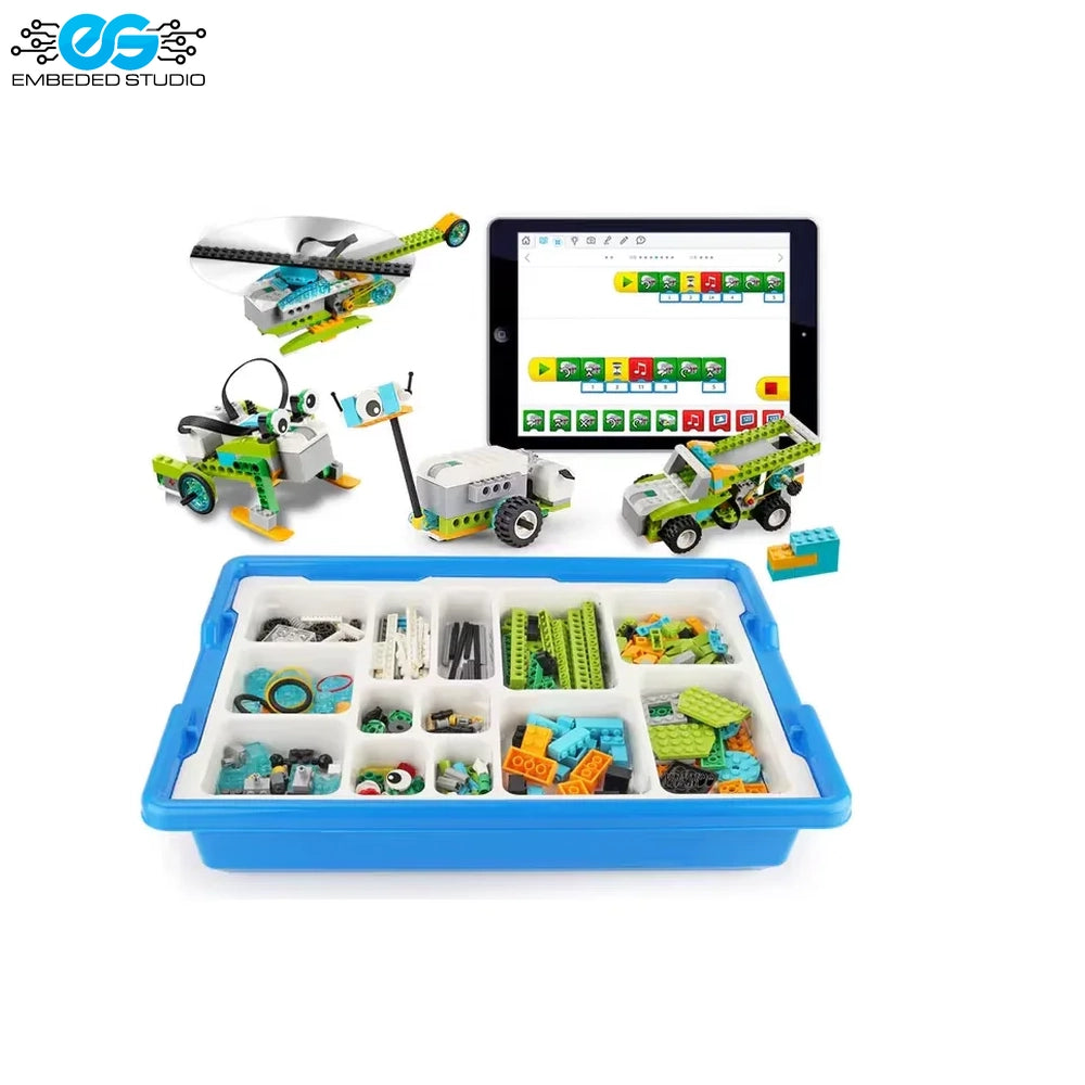 LEGO WeDo 2.0 Core Set components including building elements, smart hub, motor, sensors, sorting tray with stickers, and a tablet displaying the WeDo programming software, alongside the Embeded Studio logo