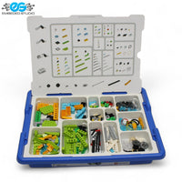 LEGO WeDo 2.0 Core Set elements including the sorting tray with organized Lego pieces, building element chart on the lid, and the Embeded Studio logo