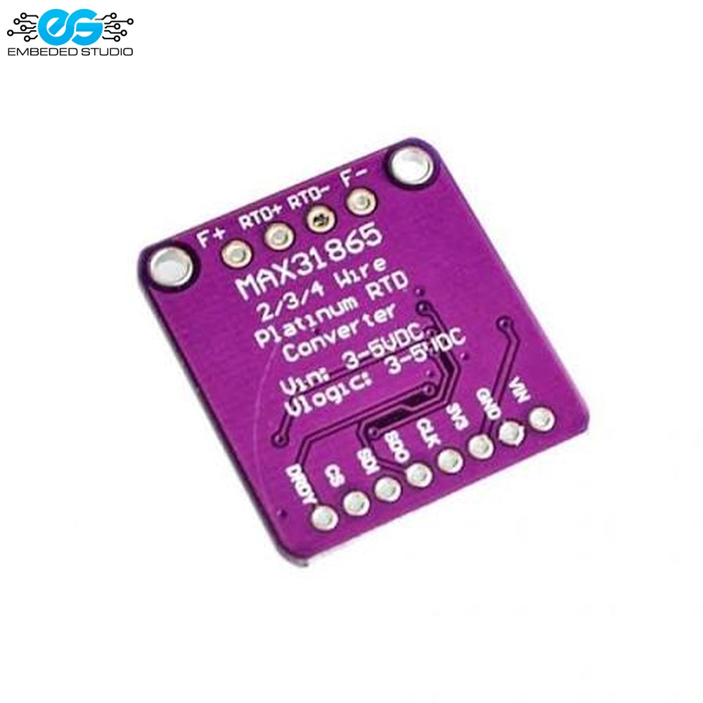 MAX31865 RTD platinum resistance temperature detector amplifier module board alongside Embedded Studio logo on white background