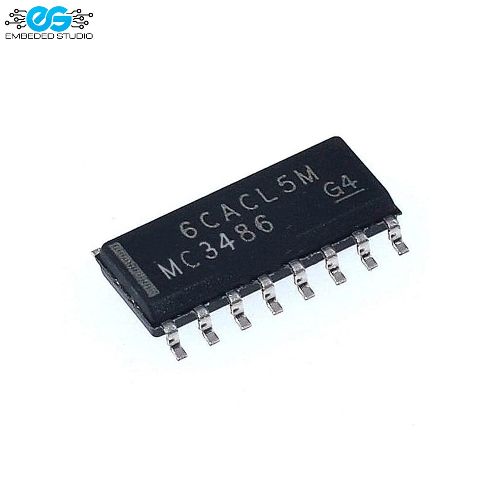 MC3486 quad differential line receiver integrated circuit chip in a 16-pin surface-mount SOP/SOIC package, displayed with Embedded Studio branding.