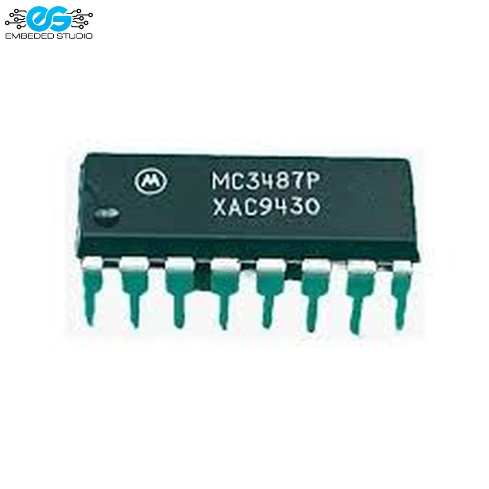 MC3487P MC3487 quad RS-422 differential line driver IC chip in 16-pin DIP package with Embedded Studio logo.