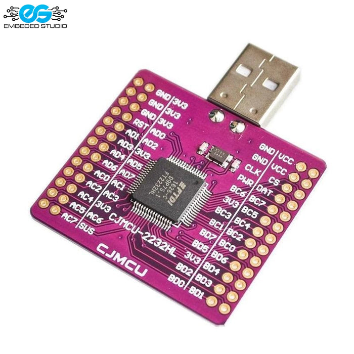 Purple CJMCU-2232HL breakout board featuring an FTDI FT2232HL dual USB to UART/FIFO IC, male USB Type-A connector, labeled pin headers, and Embedded Studio branding.