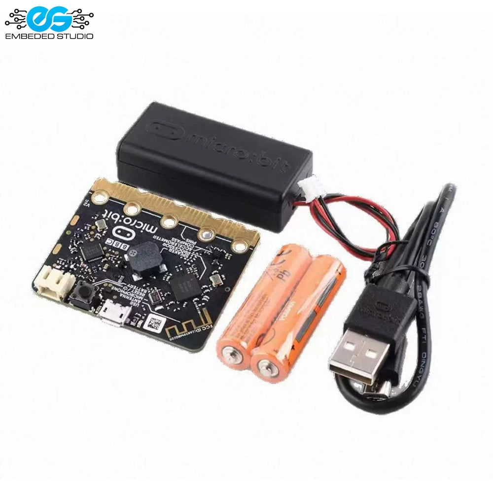 BBC micro:bit v2 board shown with a black battery holder with switch, two AAA batteries, USB cable, and Embeded Studio logo.