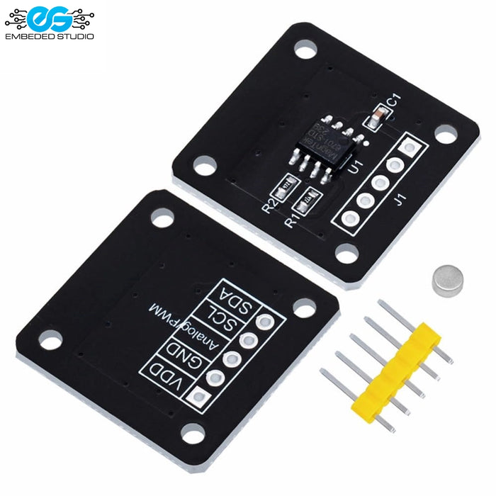 MT6701 magnetic encoder development board module with breakout pins, showing top and bottom PCB views and a small magnetic disk.