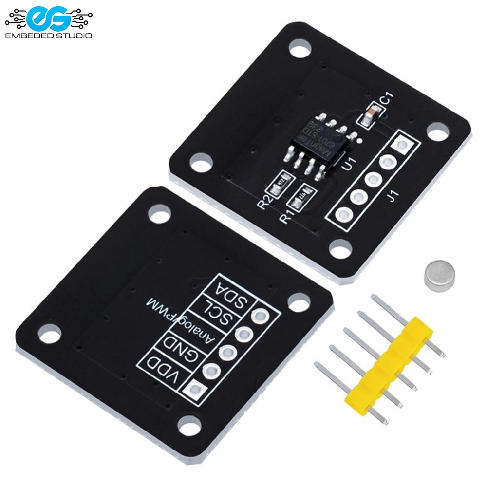 MT6701 magnetic encoder development board module with breakout pins, showing top and bottom PCB views and a small magnetic disk.