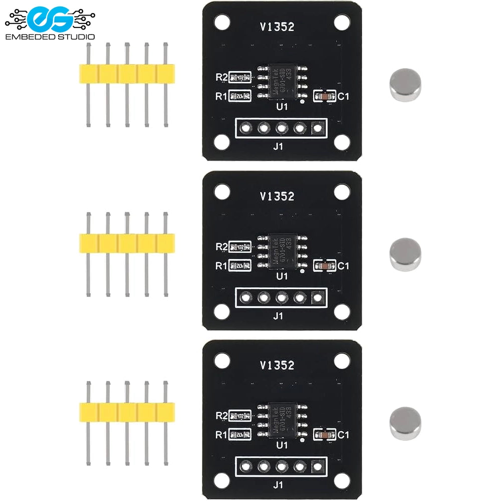 MT6701 magnetic encoder development board module (top and bottom PCB views) with breakout header pins and a small magnetic disk.