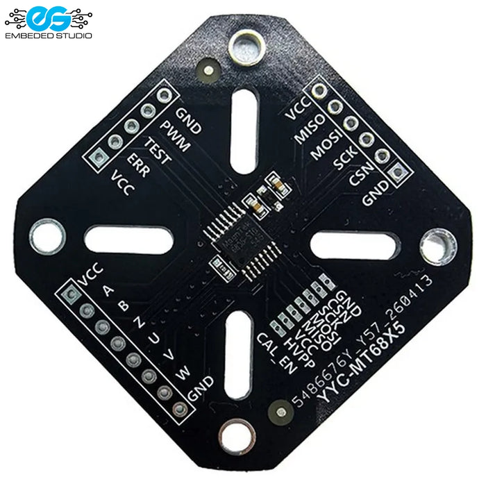 MT6835 21-Bit Magnetic Encoder breakout board with black PCB and header pin connections