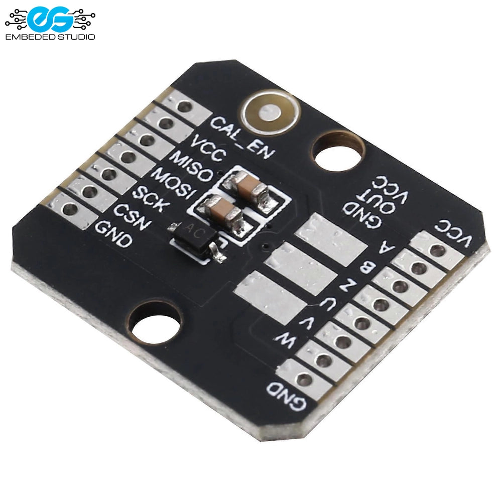 MT6835 21-Bit Magnetic Encoder breakout board with black PCB and header pin connections